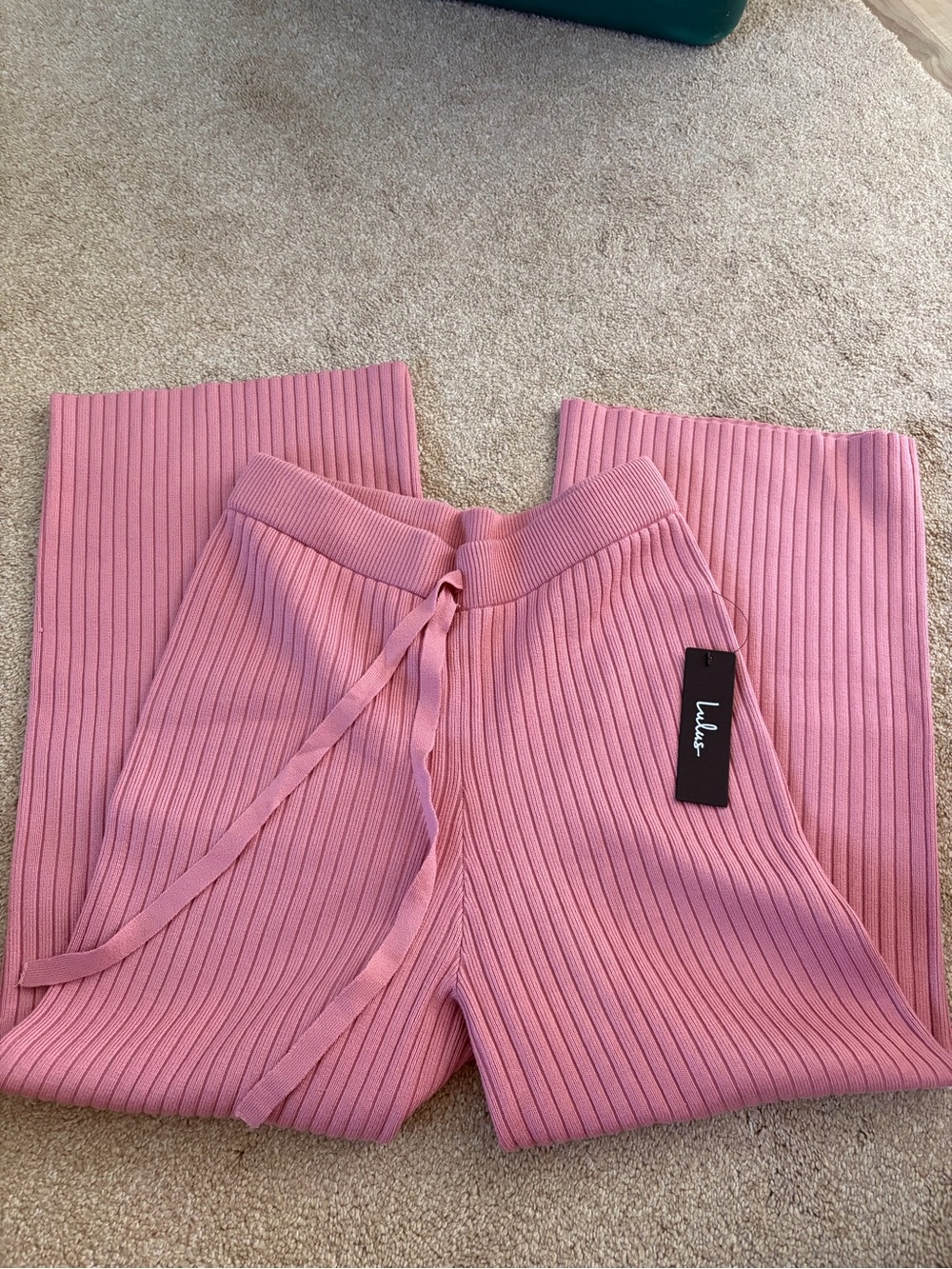 Lulus Snuggly Style Mauve Pink Ribbed Knit Wide-Leg Pants - Size S (NWT)